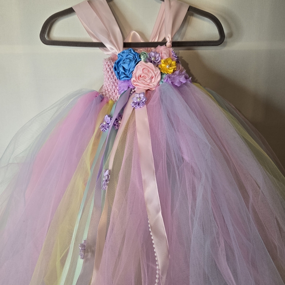 ANGEL TUTU Girls Pastel Floral Tulle  Dress With Satin Flower Embellishments